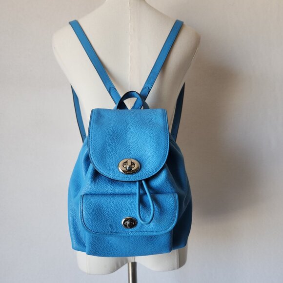 Coach Mini Turnlock Rucksack Azure Blue Pebbled Leather Backpack #37581 - Picture 1 of 15